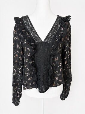 American Eagle Floral Lace Trim Blouse Boho Long Sleeve Top Size M